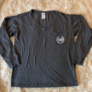 PINK Victorias Secret V Neck Long Sleeve T Shirt Gray Size Small